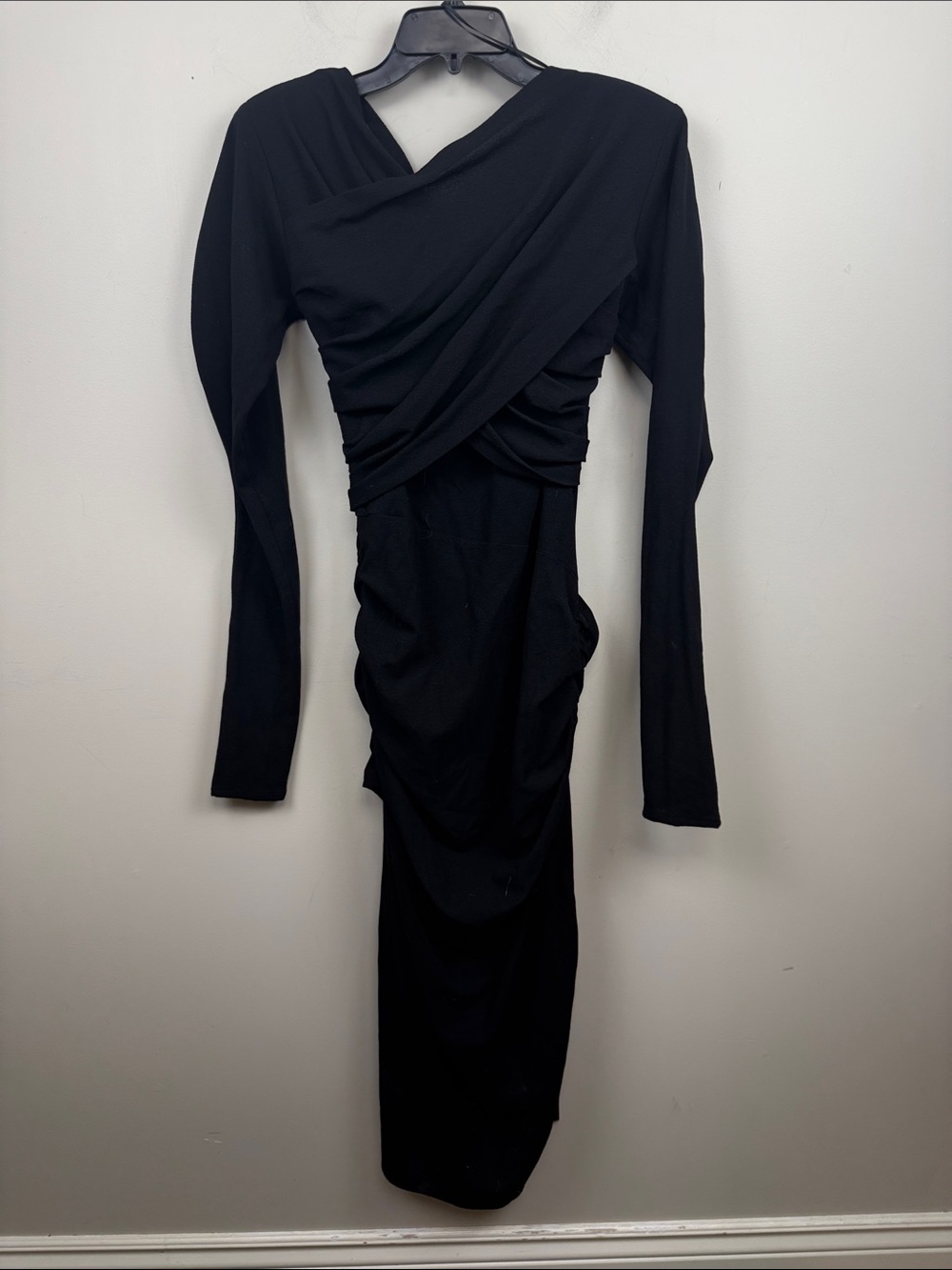 ZARA STUDIO lightweight wool Black Long-Sleeve Ruched Midi Dress large - Picture 9 of 16